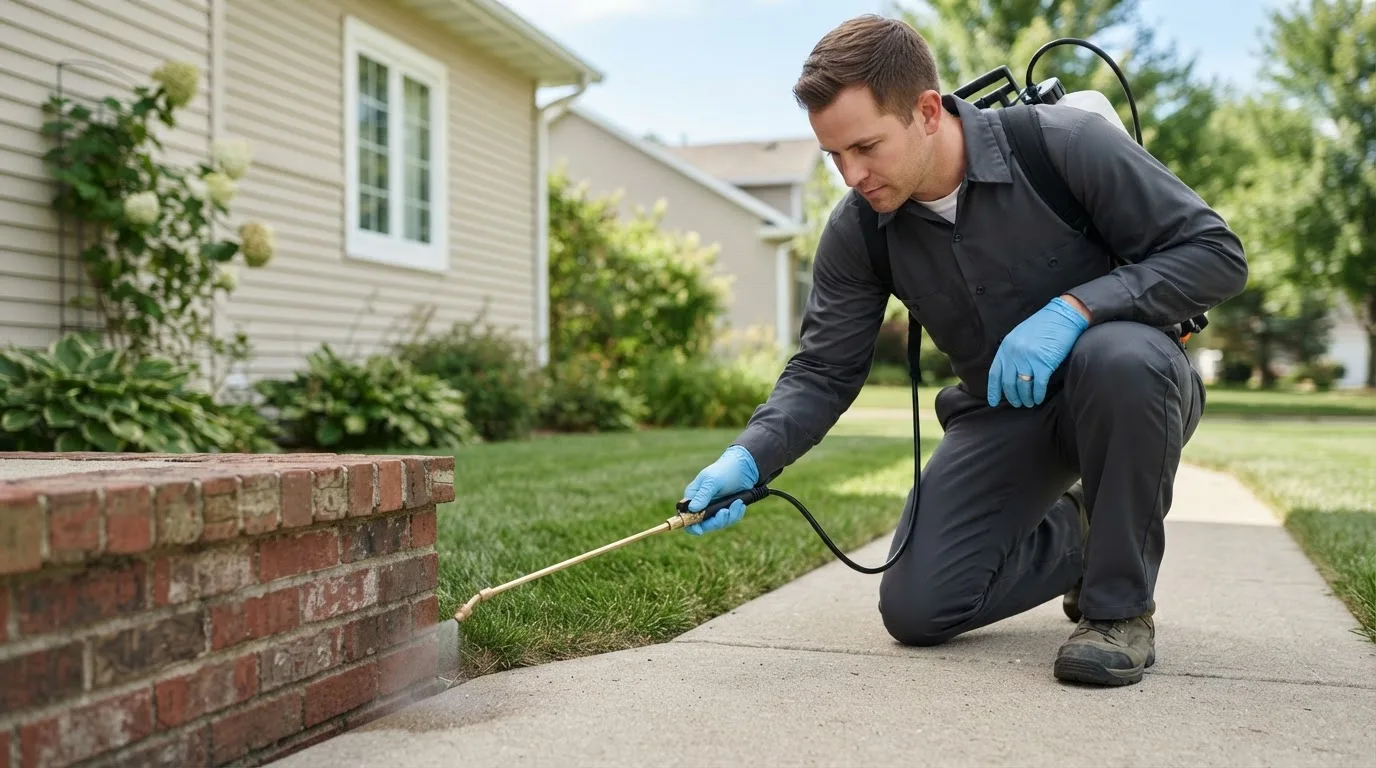 Pest control technician treating a home near Westphalia, IA