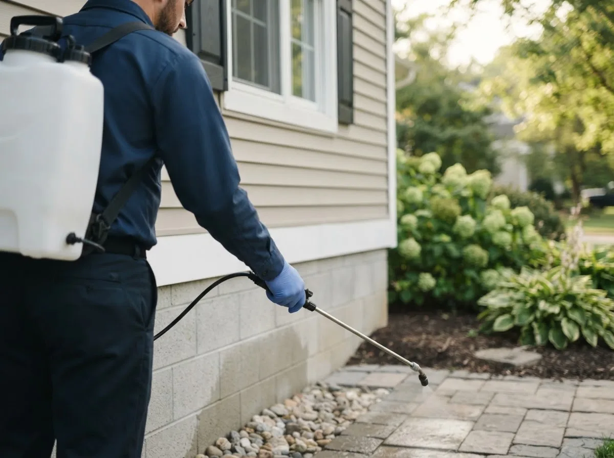 Pest control technician inspecting a home in Westphalia, IA